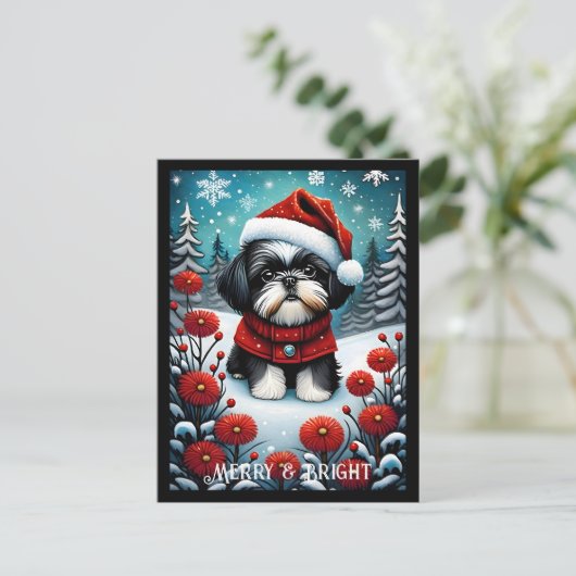 Carte Postale Shih Tzu Snowflower Meadow Père Noël Chien Noël (Debout devant)
