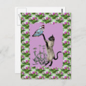 Carte Postale Siamese Cat Blue Butterfly Daisies (Devant / Derrière)