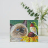 Carte Postale Siamese Kitten & Hummingbird Aquarelle Art (Debout devant)