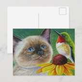 Carte Postale Siamese Kitten & Hummingbird Aquarelle Art (Devant / Derrière)