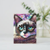Carte Postale Siamese Kitty Chat Crocus Floral Violet Turquoise (Debout devant)