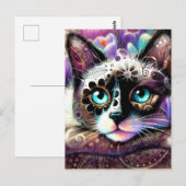 Carte Postale Siamese Kitty Chat Crocus Floral Violet Turquoise (Devant / Derrière)