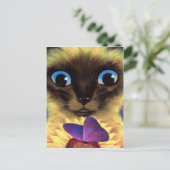 Carte Postale Siamese Peinture Chat Avec Papillon  (Debout devant)