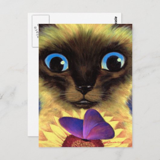 Carte Postale Siamese Peinture Chat Avec Papillon (Devant / Derrière)