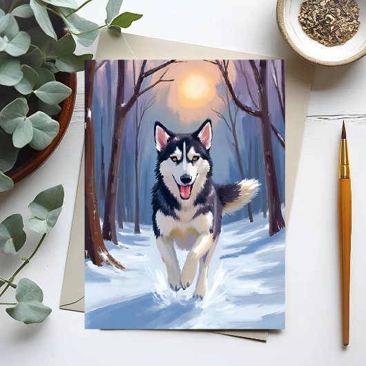 Carte Postale Sibérie Husky Chien Peinture hiver