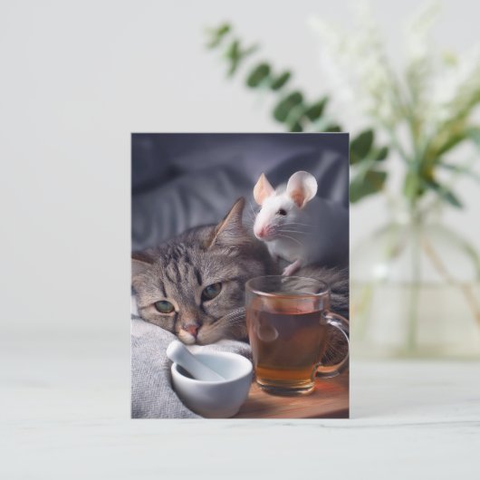 Carte Postale Sick Kitty Repose Dans Le Lit (Debout devant)