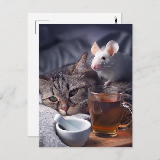 Carte Postale Sick Kitty Repose Dans Le Lit (Devant / Derrière)