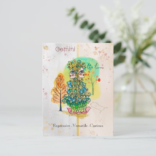 Carte Postale SIGNE Zodiaque Gemini Whimsical Twins Vert Jaune (Debout devant)