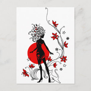 Carte Postale Silhouette élégante femme élégante avec chat doux