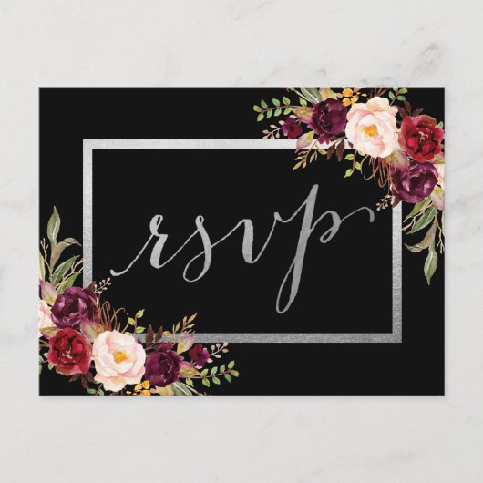 Carte Postale Silver Foil Bourgogne Floral Black Wedding RSVP (Devant)