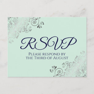 Carte Postale Silver Frills Mint Green & Navy Blue Wedding RSVP