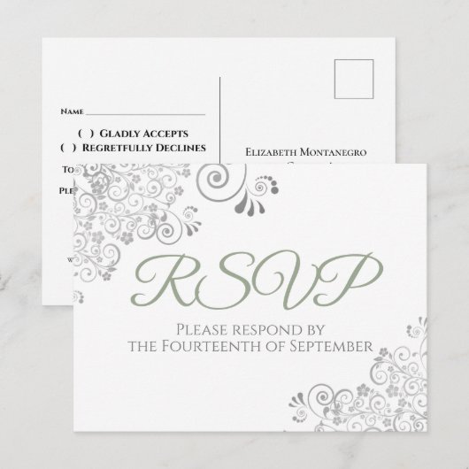 Carte Postale Silver Frills Simple Chic Sage Vert Mariage RSVP (Devant / Derrière)