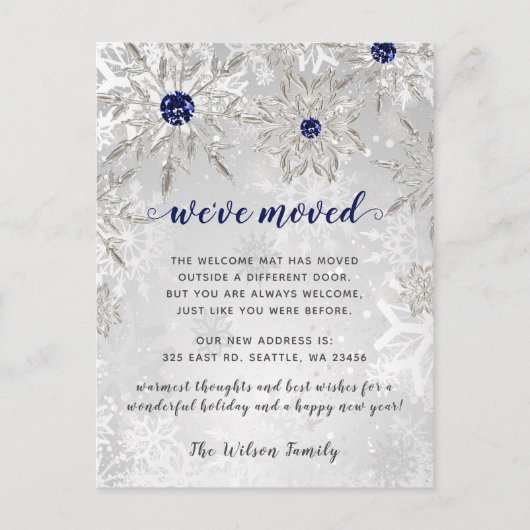 Carte Postale Silver Navy Snowflakes Holiday Moving Faire-part (Devant)
