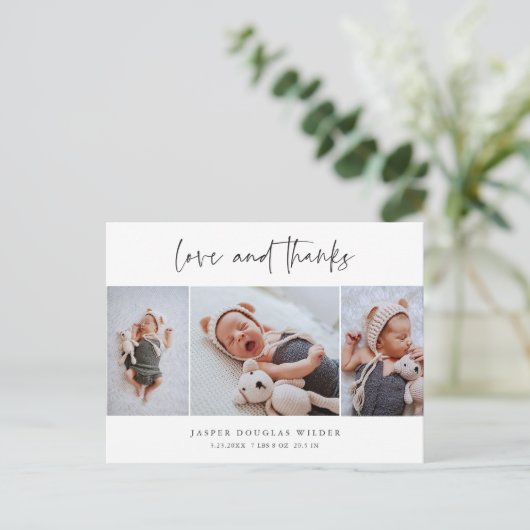Carte Postale Simple 3 Photo Amour et Remerciements Bébé Merci (Debout devant)