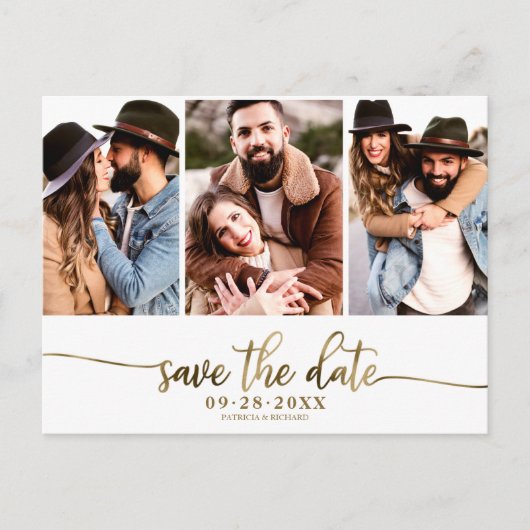 Carte Postale Simple 3 Photo Collage Mariage Enregistrer La Date (Devant)