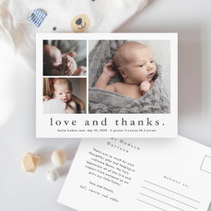 Carte Postale Simple Amour et Remerciements 3 Photo Bébé Merci