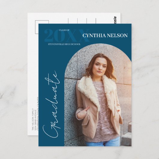 Carte Postale Simple Arc Photo Blue Graduation Faire-part (Devant / Derrière)