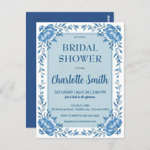 Carte Postale Simple Blue Chinoiserie fleurie douche nuptiale