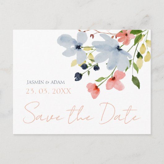 Carte Postale Simple Boho bleu rose rose mariage floral Enregist (Devant)