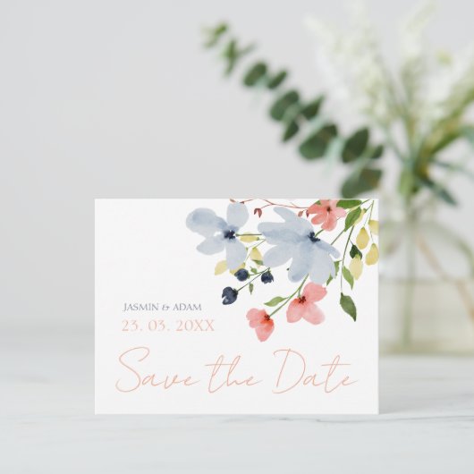 Carte Postale Simple Boho bleu rose rose mariage floral Enregist (Debout devant)