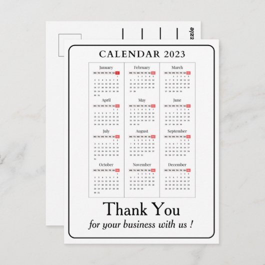 Carte Postale Simple Calendar 2023 Merci pour l'entreprise perso (Devant / Derrière)