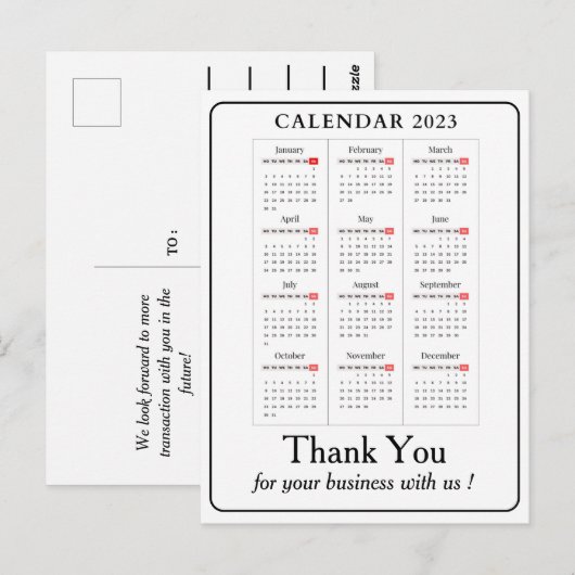 Carte Postale Simple Calendrier 2023 Merci pour l'entreprise per (Devant / Derrière)