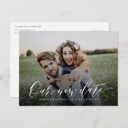 Carte Postale Simple calligraphie photo changer la date Postpone (Devant / Derrière)