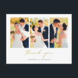 Carte postale simple Collage photo Mariage Merci<br><div class="desc">Ce mariage photo simple et chic merci modèle de carte postale dispose d'un design moderne et propre et d'un espace pour trois de vos photos préférées. Nous avons choisi un script moderne dans un ton or élégant appelé Vegas Gold pour 'Merci' sur le devant et le dos. Cette partie de...</div>