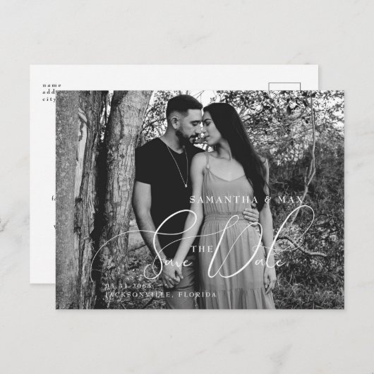 Carte Postale Simple Couple Two B/W Photos Enregistrer la date (Devant / Derrière)