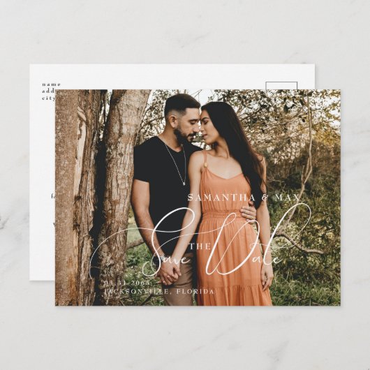 Carte Postale Simple Couple Two Photo Elegant Enregistrer la dat (Devant / Derrière)