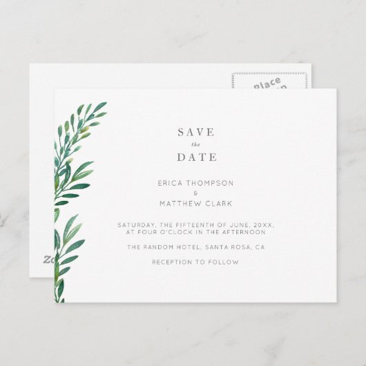 Carte postale simple de mariage avec feuillage à s (Devant / Derrière)