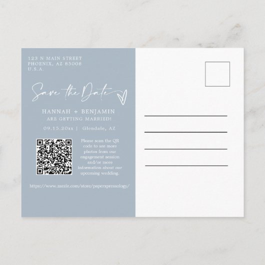 Carte Postale Simple Dusty Blue Boho Enregistrer la date QR Code (Dos)