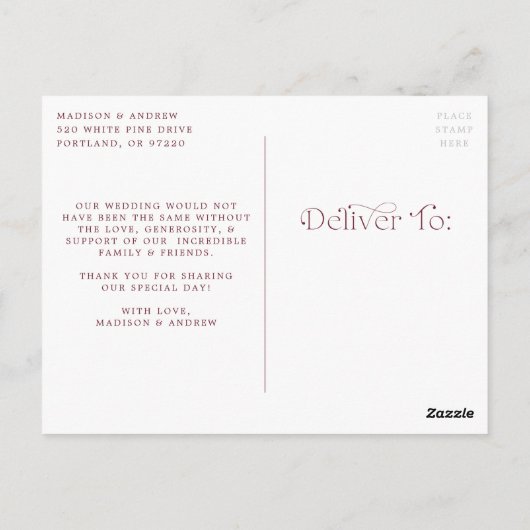 Carte Postale Simple Elegant Bourgogne Photo Mariage Merci (Dos)