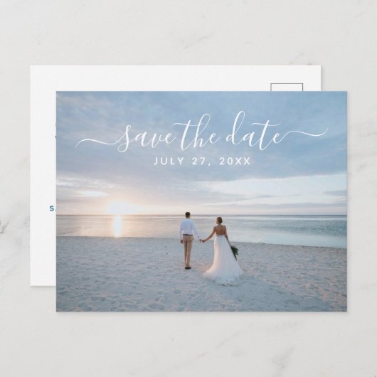 Carte Postale Simple Élégant Enregistrer La Date Photo Plage Mar (Devant / Derrière)