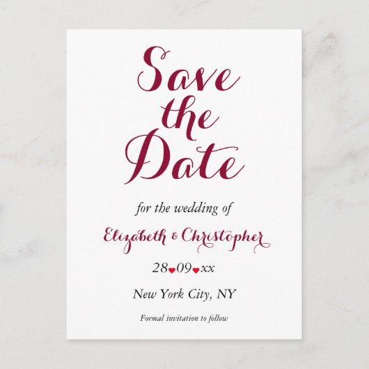 Carte Postale Simple Elegant Marsala Mariage blanc Enregistrer l (Devant)