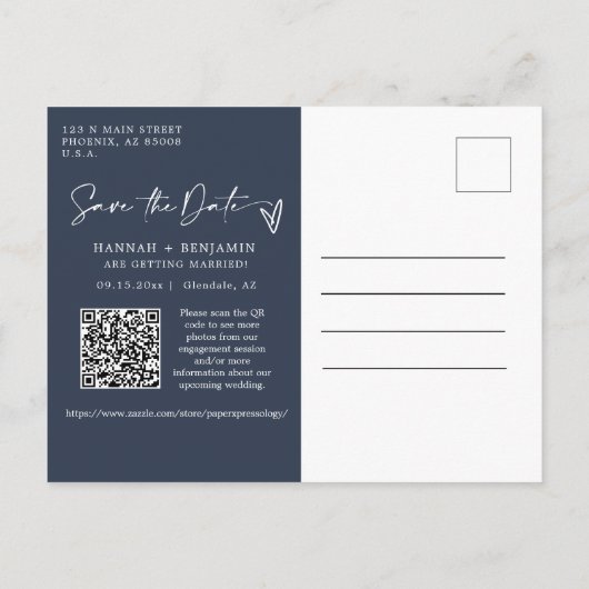 Carte Postale Simple Elegant Navy Enregistrer la date Code QR Ph (Dos)