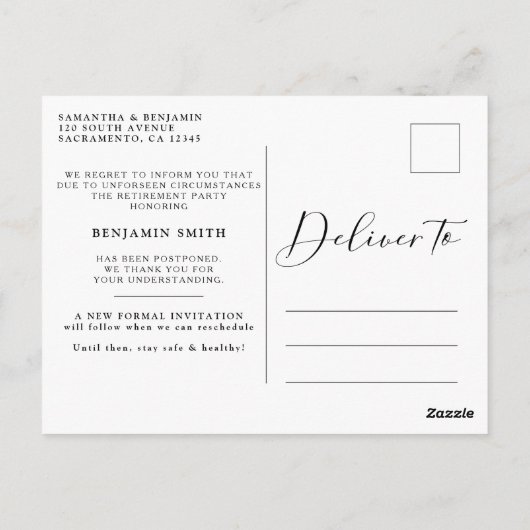 Carte Postale Simple Elegant Navy & Gold Postpond Faire-part (Dos)