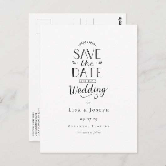 Carte Postale Simple élégant noir et blanc Enregistrer la date (Devant / Derrière)