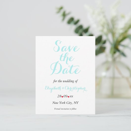 Carte Postale Simple Elegant Turquoise mariage blanc Enregistrer (Debout devant)