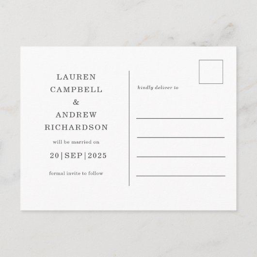 Carte Postale Simple Enregistrer la date Mariage noir et blanc (Dos)