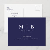 Carte Postale Simple Épure Monogramme Marin Mariage Enregistrer (Devant / Derrière)