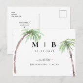 Carte Postale Simple Faire-Part de Mariage Tropical avec Initial (Devant / Derrière)