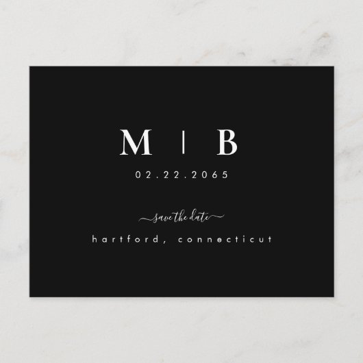 Carte Postale Simple Initiales Swash Noir Mariage Enregistrer la (Devant)