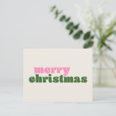 Carte Postale Simple Joyeux Noël Rose Vert Rétro Mignon (Debout devant)