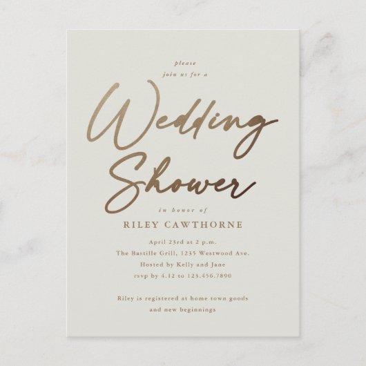 Carte Postale Simple Mariage Doré Script Shower (Devant)