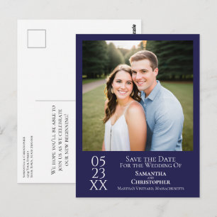 Carte Postale Simple Marine Blue Wedding Enregistrer la photo de