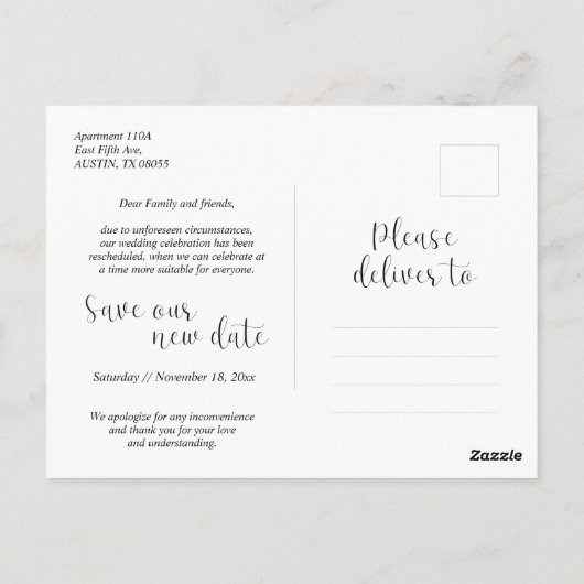 Carte Postale Simple minimal, Faire-part de mariage reporté (Dos)