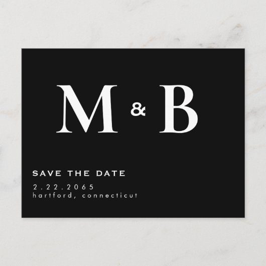 Carte Postale Simple Moderne B/N Monogramme Enregistrer la Date  (Devant)