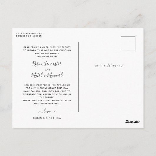 Carte Postale Simple, moderne, Mariage de report Faire-part (Dos)