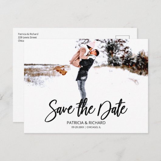 Carte Postale Simple moderne Script Wedding Enregistrer La Date  (Devant / Derrière)
